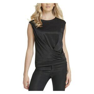 DKNY Black Satin Blouse Top black XSMALL Cap Sleeves Overlap Crew Neck